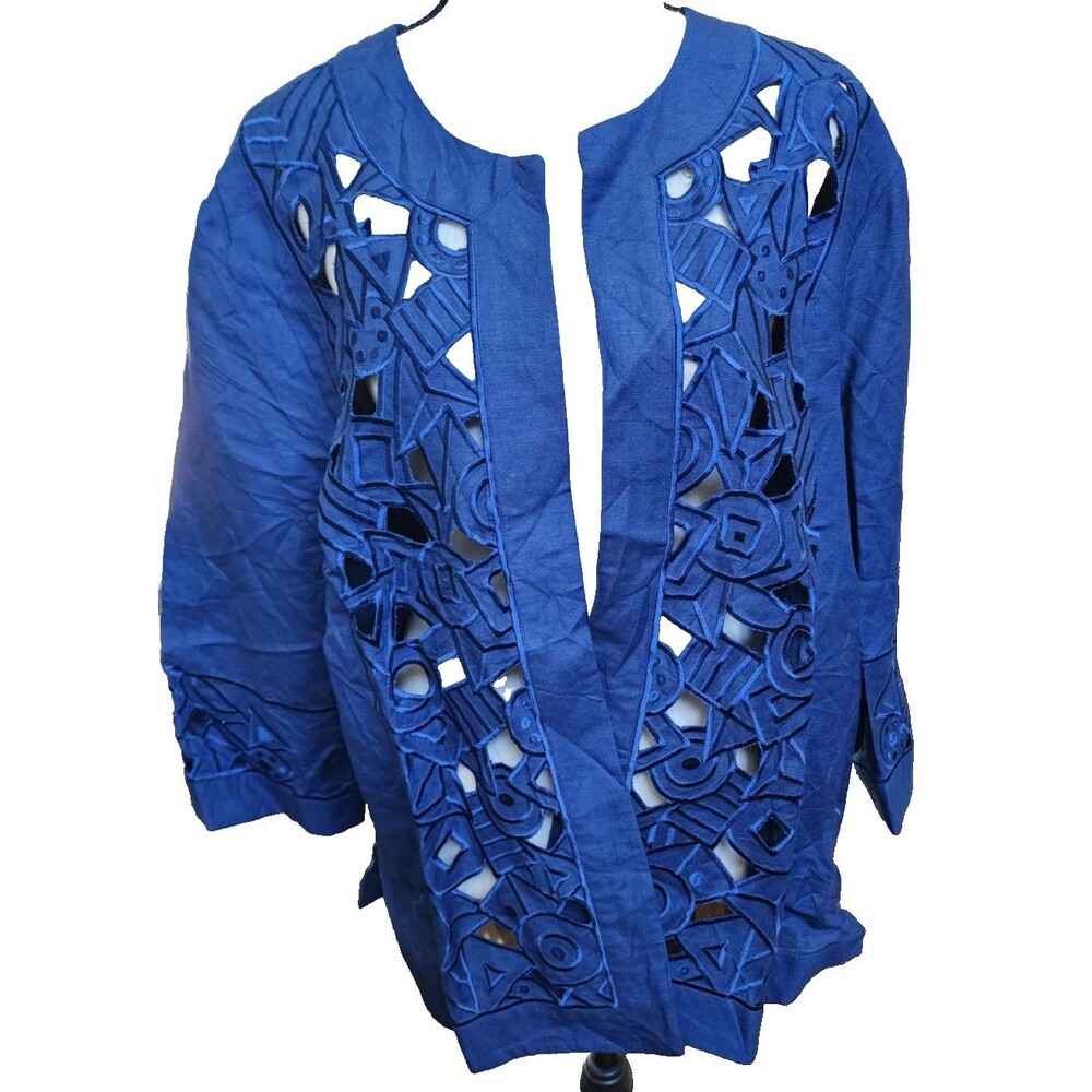 Bob Mackie Size XL Open Front Jacket Cut-Out Design Linen Blend
